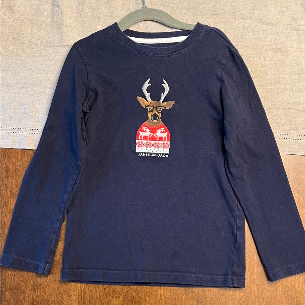 Janie and Jack Size 6 Navy Long Sleeve with Deer Graphic